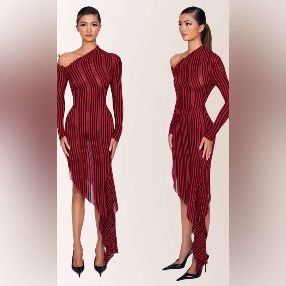 Red Striped Asymmetrical One-Shoulder Dress